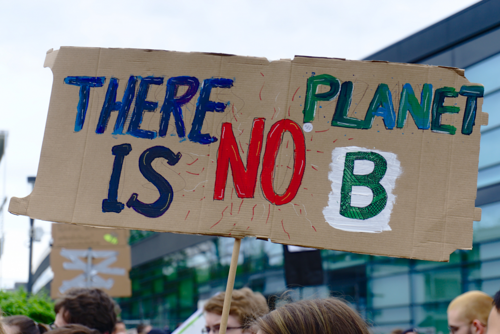 Pappschild, auf dem in englischer Sprache steht: Es gibt keinen Planeten B